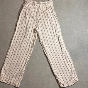 HALSTON Women's Wide Leg 100% Linen Pants Cream Navy Stripe Tie‎ Waist Size 10 thumbnail 8