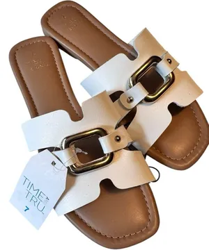 Time and Tru Women's White Slide Sandals With Gold Details Sz 7 NWT thumbnail 1