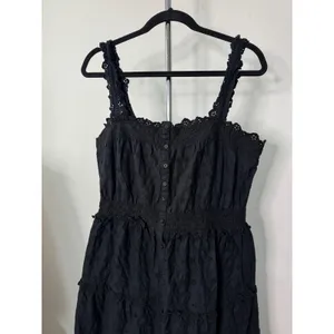 GAP x DOEN Midi Dress Black Cotton Eyelet Tiered Button Front Smocked Waist M thumbnail 4