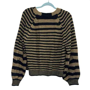Lush Clothing Striped Cropped Cardigan Large Chunky Knit Tan Black‎ Button Boho Cozy thumbnail 3