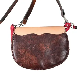 Handcrafted Tooled Leather Feather‎ Crossbody Bag Red Tan Whipstitch Boho Purse thumbnail 4