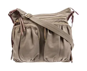 MZ Wallace Nylon Crossbody Bag Khaki Taupe Leather Trim Multi Pocket Utility thumbnail 1