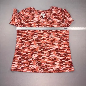 Denim & Co Active Womens Medium Red Pink Camo Short Sleeve Cotton Stretch Top thumbnail 5