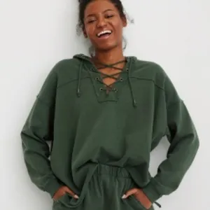 Aerie Lace Up Drawstring Oversized Hooded Sweatshirt Size S Evergreen thumbnail 1