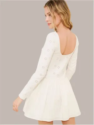 Free People White Eyelet Long Sleeve Drop Waist Mini Dress Sz L/G Romantic Boho thumbnail 6