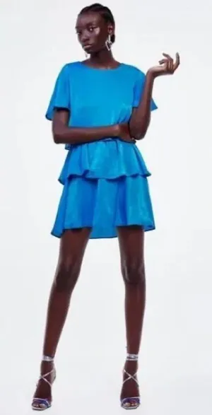Zara Turquoise Blue NWT Ruffled Satin Effect Mini Dress thumbnail 1