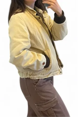 Obey Cream Canvas Bomber Jacket Corduroy Collar Brown Lining Short Women’s Sz M thumbnail 1