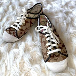 Coach Poppy Zorra Khaki Brown Signature Multicolor Tattersall Sneakers Size 8.5 thumbnail 1