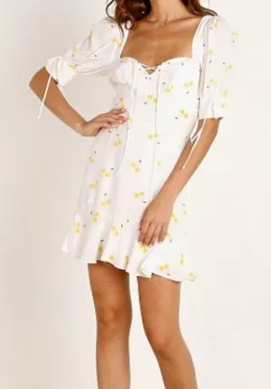For Love & Lemons Ashland Lace Up White Yellow Cherry Print Y2K Boho Mini Dress thumbnail 1