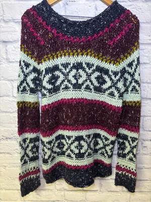 Free People Reed Fair Isle Print Chunk Knit Sweater Wool Linen Alpaca Medium thumbnail 8