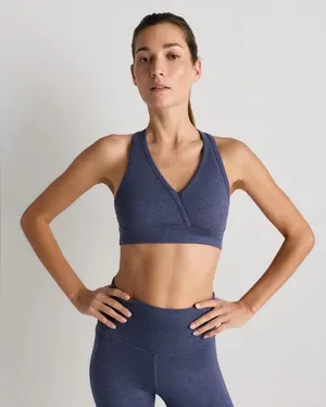 NWT Quince Women's Ultra Soft V Neck Racerback Heathered Storm Blue Sports Bra S thumbnail 1