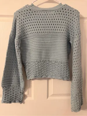 NWOT Francesca's Collections Pastel Blue Crochet-Textured Crew Sweater thumbnail 3