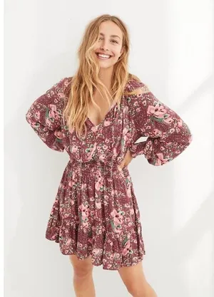 Aerie Floral Printed Long Sleeve Mini Dress Medium Women’s Pink 1172 thumbnail 1