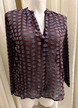 LOFT Plum Silk Sheer V-Neck Blouse with Slate Dot Print thumbnail 1