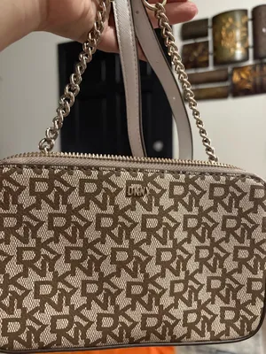 DKNY Beige and Brown Logo Crossbody Bag with Chain Strap thumbnail 1