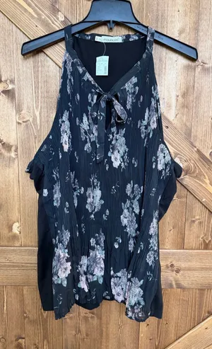 Maurices Plus Black Floral Cold Shoulder Pleated Tie Neck Blouse NWT Size 3XL(92 thumbnail 1