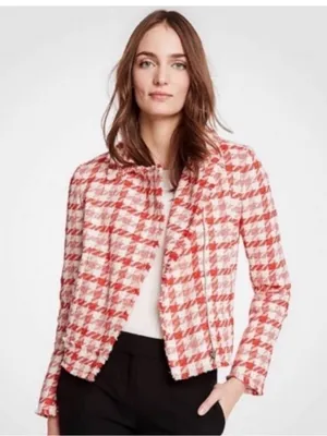 Ann Taylor Fringe Houndstooth Tweed Moto Jacket Blazer Size L thumbnail 1