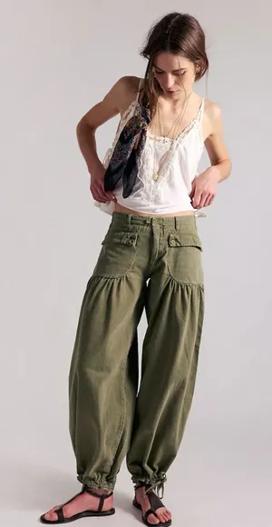🆕 Free People | We The Free | Lotus Balloon Jeans | Army | Size: 24 thumbnail 1