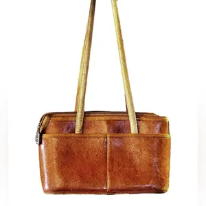 Brighton Shoulder Handbag Vintage Russet Brown Leather Croc Trim Purse Old Money thumbnail 3