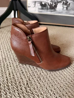new directions Cognac Brown Vegan Leather Ankle Wedge Booties with Side Zip thumbnail 5
