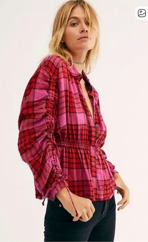 Valentines Free People Pink and Red Plaid Blouse thumbnail 1