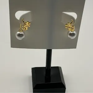 Tory Burch Gold Logo Pearl Drop Earrings NWT thumbnail 1