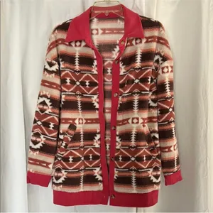 Aztec Patterned boho Pink fuzzy button up shacket Cardigan sweater size medium thumbnail 5