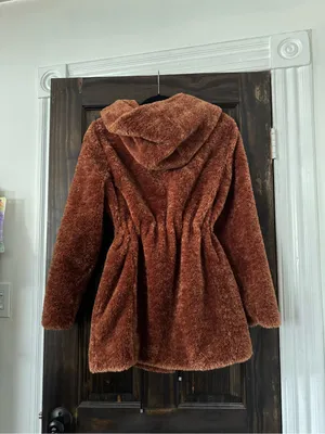 Plush Teddy Hooded Coat in Rust Brown thumbnail 2