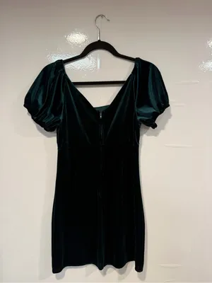 Velvet Puff-Sleeve Mini Dress in Deep Green by Altar’d State thumbnail 3
