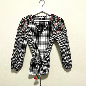 Madewell Smocked Black & White Checkered Gingham Tassel Top with Embroidery S thumbnail 8
