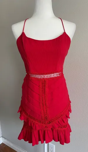 Hello Molly Red Spaghetti-Strap Lace-Trim Mini Dress thumbnail 1