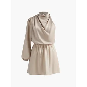 Commense Satin Elegant Asymmetrical One Sleeve Pleated Draped Dress Apricot S thumbnail 3