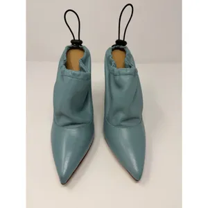 YEVRAH Light Blue Leather Ruched Toggle Pointed Toe Wood Block Heels Size 38 thumbnail 2