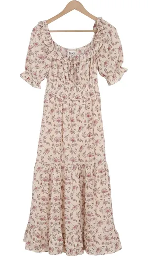 Trixxi Los Angeles Floral Smocked Midi Dress Cream Pink XS Peasant thumbnail 1