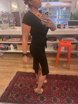Ribbed Black Midi Wrap Dress with Waist Tie thumbnail 9