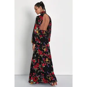 NWOT Lulus Graceful Arrival Black Floral Burnout Backless Maxi Dress Wedding M thumbnail 2