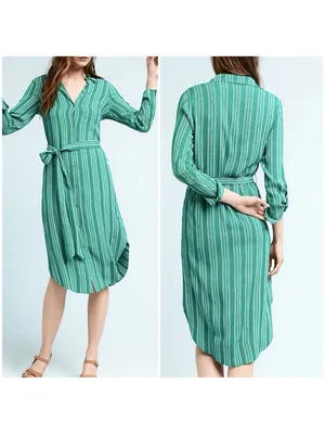 Maeve‎ Green Striped Midi Shirt Dress with Tie Waist 8 thumbnail 2