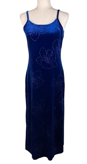 Vintage 90s Y2K Blue Velvet Flower Maxi Slip Dress Whimsigoth Fairycore Medium thumbnail 1
