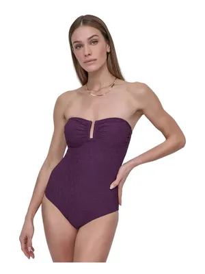NWT DKNY Shirred One-Piece Swimsuit Textured DIMMS605 Port Texture Purple L thumbnail 2