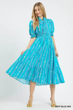 Umgee Vibrant Ruffle Smocked Midi Dress -‎ Mint Blue Mix - Small thumbnail 1