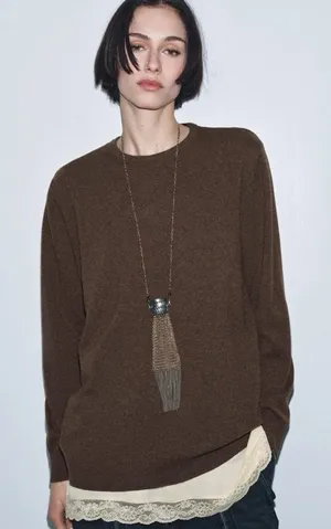 Zara Lace Trimmed Cashmere Wool Blend Sweater Women’s Top Sz M Dark Mink Paris thumbnail 1