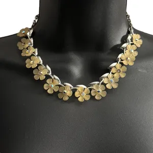 Vintage silver tone yellow Plumeria flowers necklace thumbnail 1