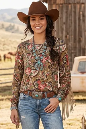 Boho-Chic Cotton Candy Paisley Fringe Top – Size Large thumbnail 1