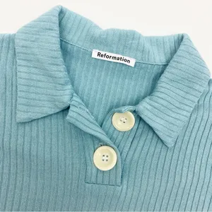 Reformation Peggy Ribbed Polo Two Button Crop Top Turquoise Green Blue thumbnail 6