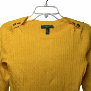 Lauren Ralph Lauren Petite P/P Yellow Cable Knit Cotton Sweater Gold Buttons thumbnail 4