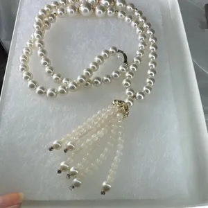 Vintage faux glass pearls 24” & beaded tassel. thumbnail 1