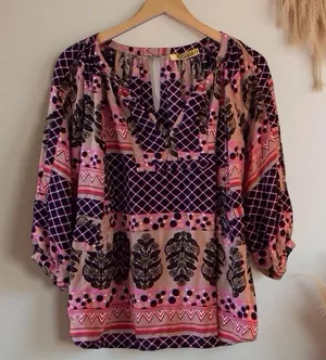 Persaman NY Boho Blouse Size L – Vibrant Artistic Print, EUC Pink Size L thumbnail 1