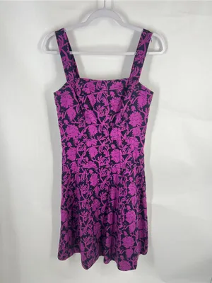 Tory Burch Jodie Floral Linen Cotton Fit & Flare Dress Purple Navy Size 6 thumbnail 2