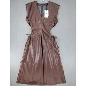 7 For All Mankind Dress Womens S Brown Faux Leather‎ Cutout Midi NEW thumbnail 3