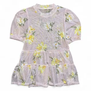 Meraki Mesh Tiered Tunic Top Women’s M Blush Pink Floral Puff Sleeve Cottagecore thumbnail 7